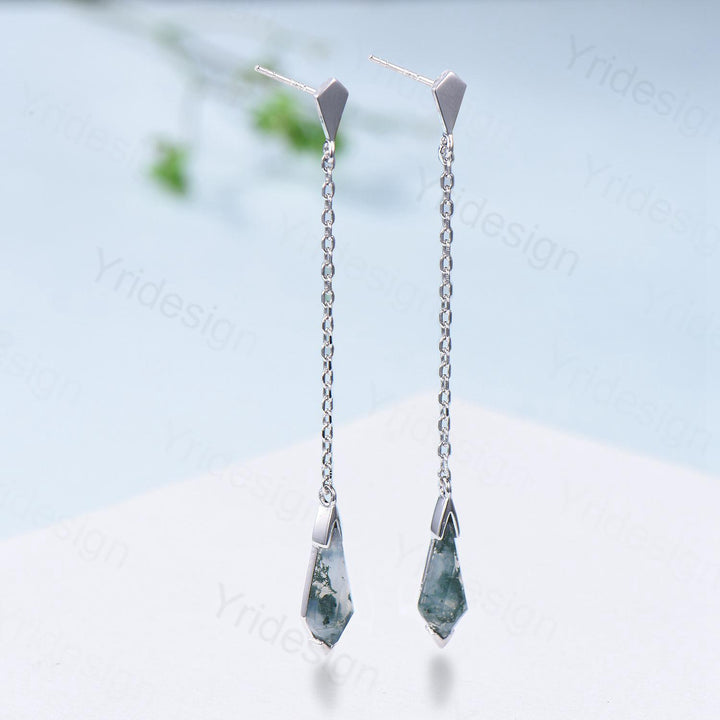 Kite Cut Moss Agate 14K Gold Dangle Earrings, Fine Jewelry - PENFINE