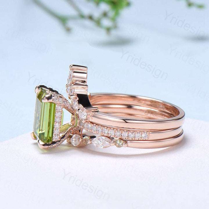 Vintage Emerald Cut Peridot Engagement Ring Set Hidden Halo Basket 3CT Peridot Eternity Bridal Ring Women Rose Gold Anniversary Wedding Set - PENFINE