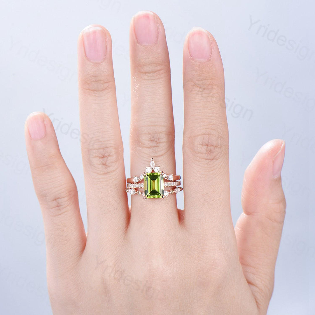 Vintage Emerald Cut Peridot Engagement Ring Set Hidden Halo Basket 3CT Peridot Eternity Bridal Ring Women Rose Gold Anniversary Wedding Set - PENFINE