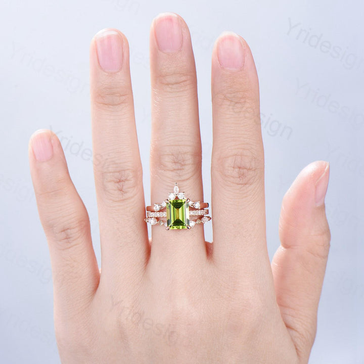 Vintage Emerald Cut Peridot Engagement Ring Set Hidden Halo Basket 3CT Peridot Eternity Bridal Ring Women Rose Gold Anniversary Wedding Set - PENFINE