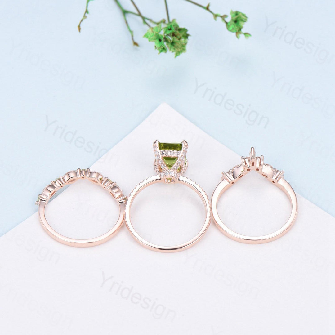 Vintage Emerald Cut Peridot Engagement Ring Set Hidden Halo Basket 3CT Peridot Eternity Bridal Ring Women Rose Gold Anniversary Wedding Set - PENFINE