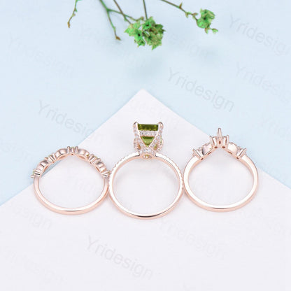 Vintage Emerald Cut Peridot Engagement Ring Set Hidden Halo Basket 3CT Peridot Eternity Bridal Ring Women Rose Gold Anniversary Wedding Set - PENFINE