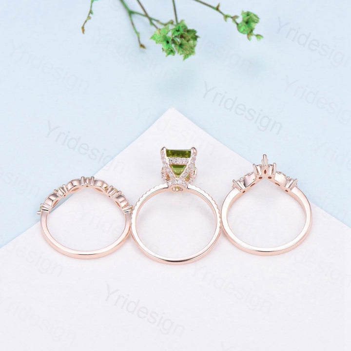 Vintage Emerald Cut Peridot Engagement Ring Set Hidden Halo Basket 3CT Peridot Eternity Bridal Ring Women Rose Gold Anniversary Wedding Set - PENFINE