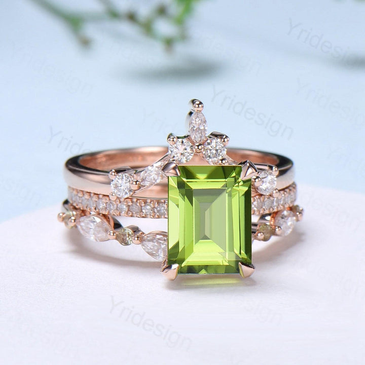Vintage Emerald Cut Peridot Engagement Ring Set Hidden Halo Basket 3CT Peridot Eternity Bridal Ring Women Rose Gold Anniversary Wedding Set - PENFINE