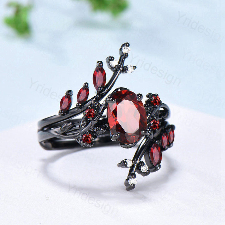 Nature inspired oval garnet engagement ring set black gold unique leaf gothic wedding ring set knight twig vine January birthstone jewelry - PENFINE