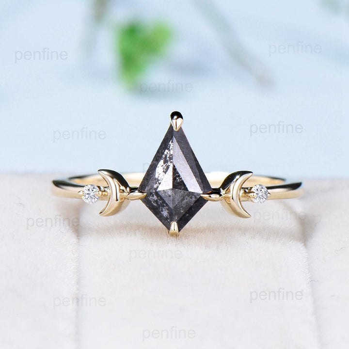 Vintage kite shaped salt and pepper diamond engagement ring set yellow gold Unique celestial moon wedding ring for women dainty promise ring - PENFINE