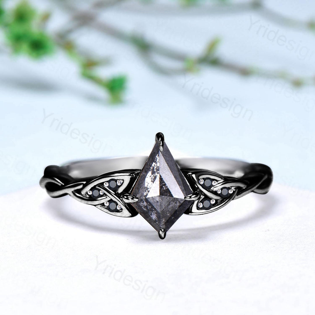 Black Gold Norse Viking Kite Cut Salt And Pepper Diamond Ring Celtic Love Pepper Black Diamond Engagement Ring Vintage Unique Twisted Ring - PENFINE