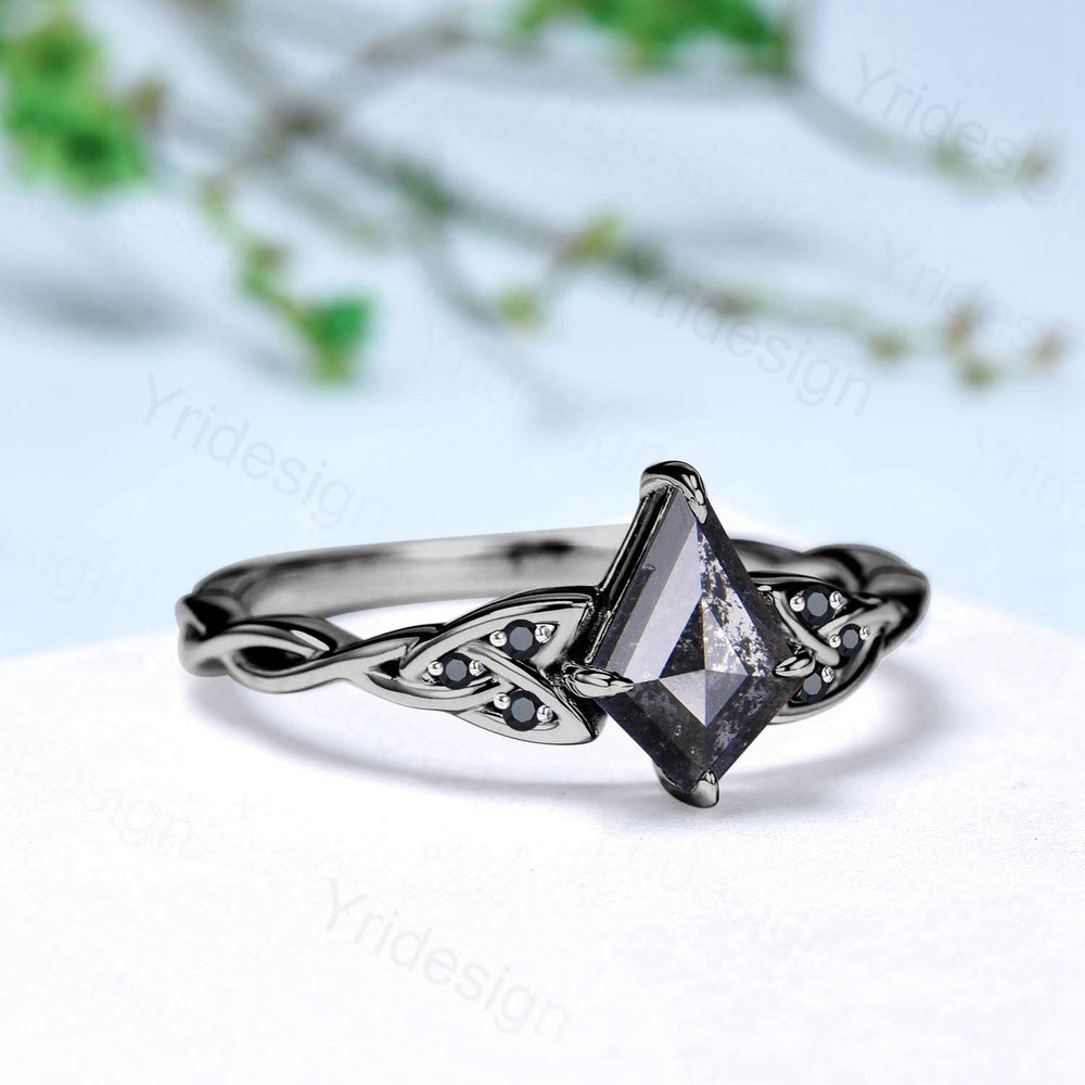 Black Gold Norse Viking Kite Cut Salt And Pepper Diamond Ring Celtic Love Pepper Black Diamond Engagement Ring Vintage Unique Twisted Ring - PENFINE