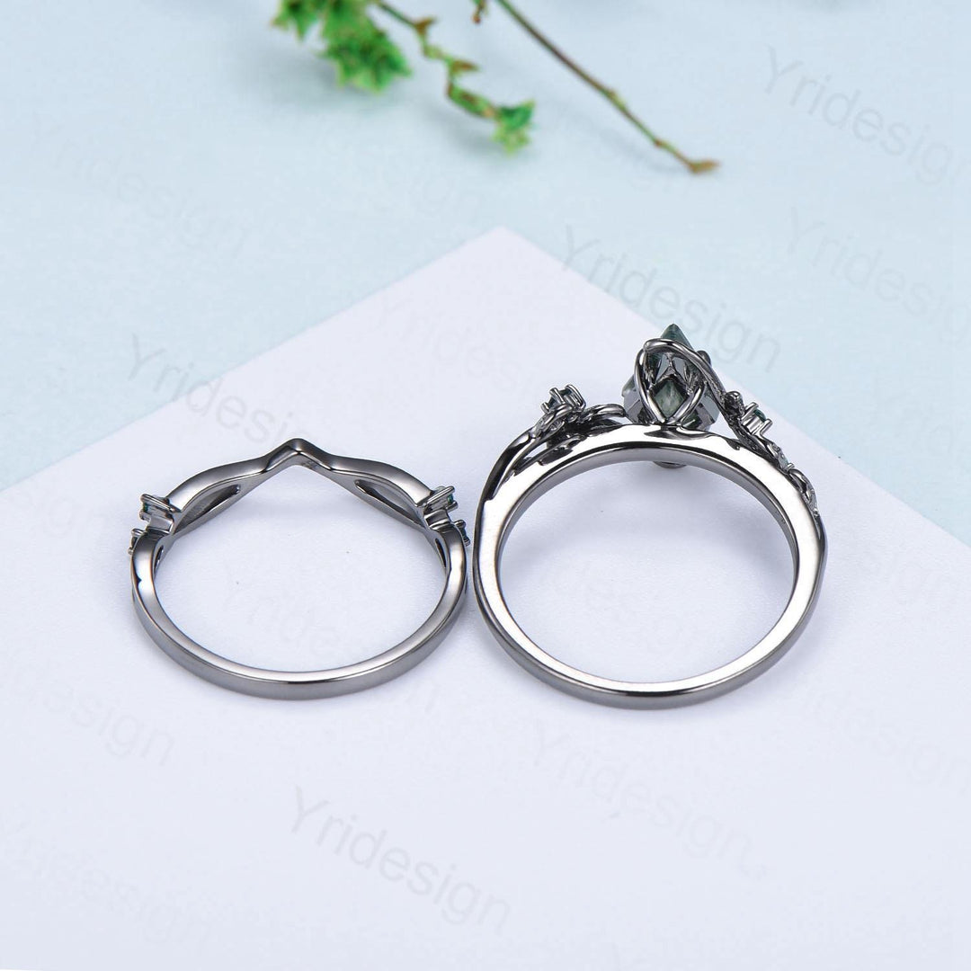 Elegant Kite cut salt pepper diamond engagement ring vintage pepper diamond bridal set unique leaf vine ring nature inspired wedding set - PENFINE