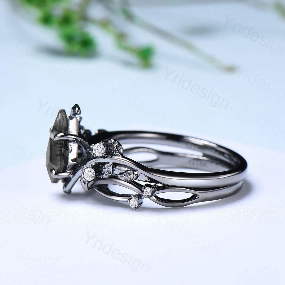 Elegant Kite cut salt pepper diamond engagement ring vintage pepper diamond bridal set unique leaf vine ring nature inspired wedding set - PENFINE