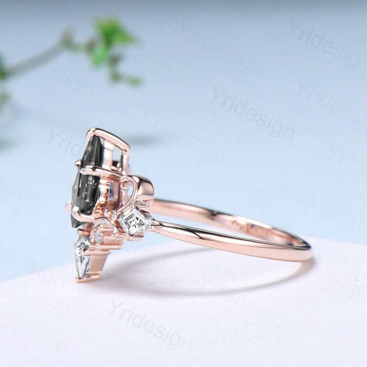 Unique Kite Cut Salt And Pepper Diamond Engagement Ring Art Deco Air Fly Anniversary Ring Alternative Rose Gold Wedding Ring For Women - PENFINE