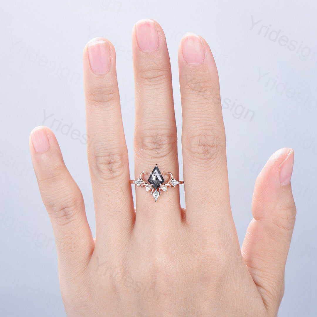 Unique Kite Cut Salt And Pepper Diamond Engagement Ring Art Deco Air Fly Anniversary Ring Alternative Rose Gold Wedding Ring For Women - PENFINE