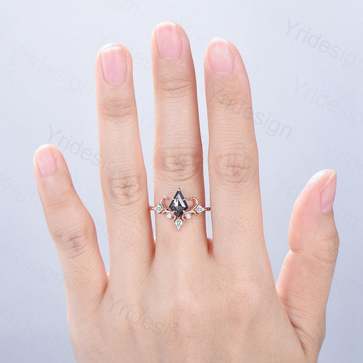 Unique Kite Cut Salt And Pepper Diamond Engagement Ring Art Deco Air Fly Anniversary Ring Alternative Rose Gold Wedding Ring For Women - PENFINE