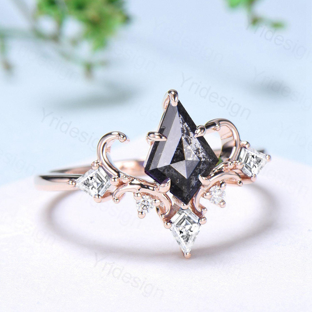 Unique Kite Cut Salt And Pepper Diamond Engagement Ring Art Deco Air Fly Anniversary Ring Alternative Rose Gold Wedding Ring For Women - PENFINE