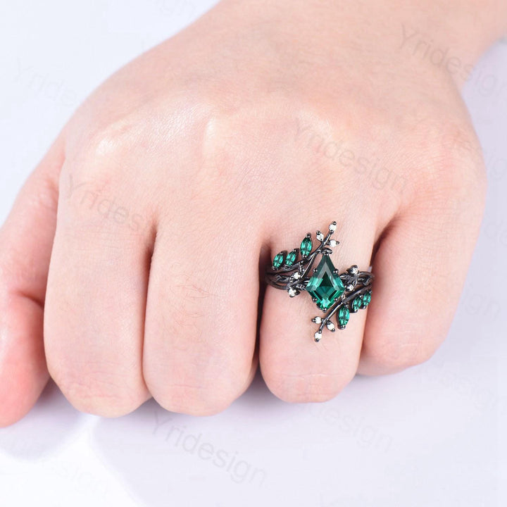 Unique gothic kite cut emerald engagement ring set black gold cluster engagement ring nature inspired marquise may birthstone wedding set - PENFINE