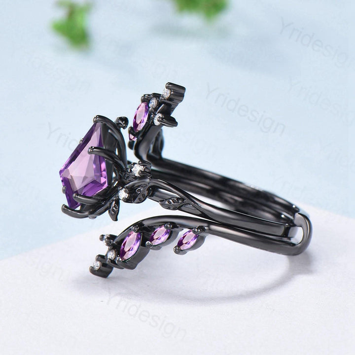 Nature Inspired Kite cut amethyst engagement ring set black gold unique leaf branch marquise cut purple gemstone ring bridal wedding set - PENFINE