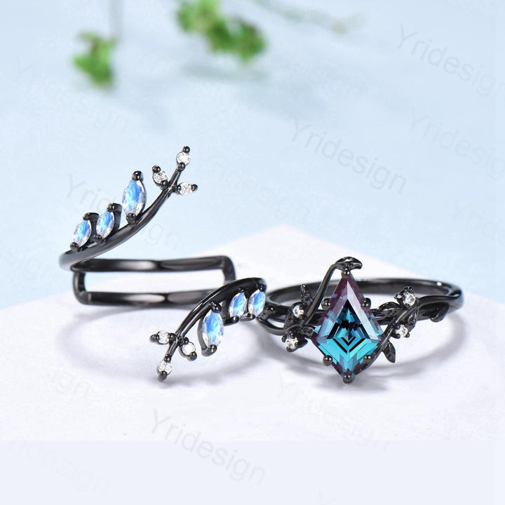 Unique gothic kite cut alexandrite engagement ring set black gold cluster marquise moonstone ring leaf branch nature inspired wedding set - PENFINE