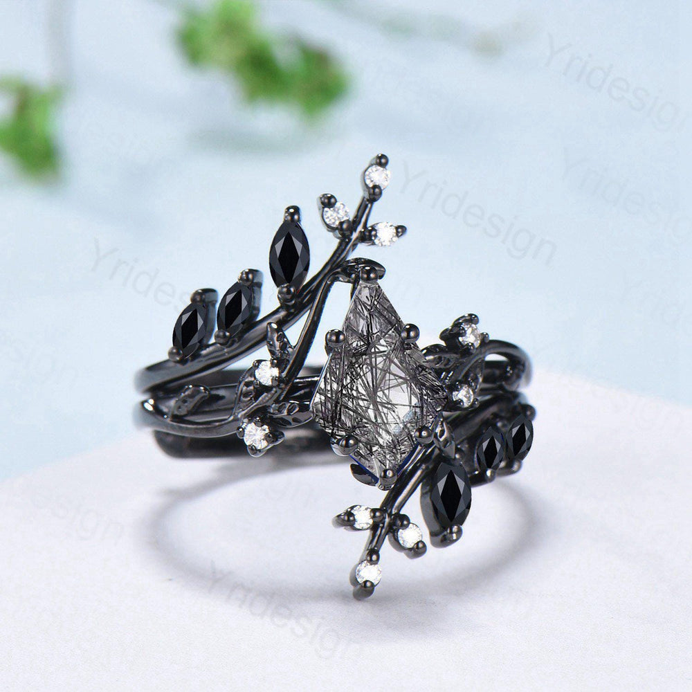 Unique gothic kite cut black rutilated quartz engagement ring set black gold cluster engagement ring leaf branch nature inspired wedding set - PENFINE