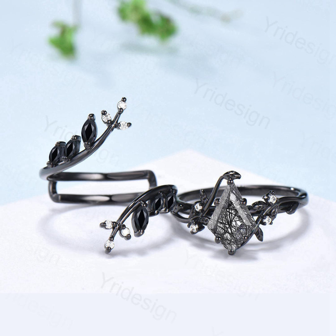 Unique gothic kite cut black rutilated quartz engagement ring set black gold cluster engagement ring leaf branch nature inspired wedding set - PENFINE