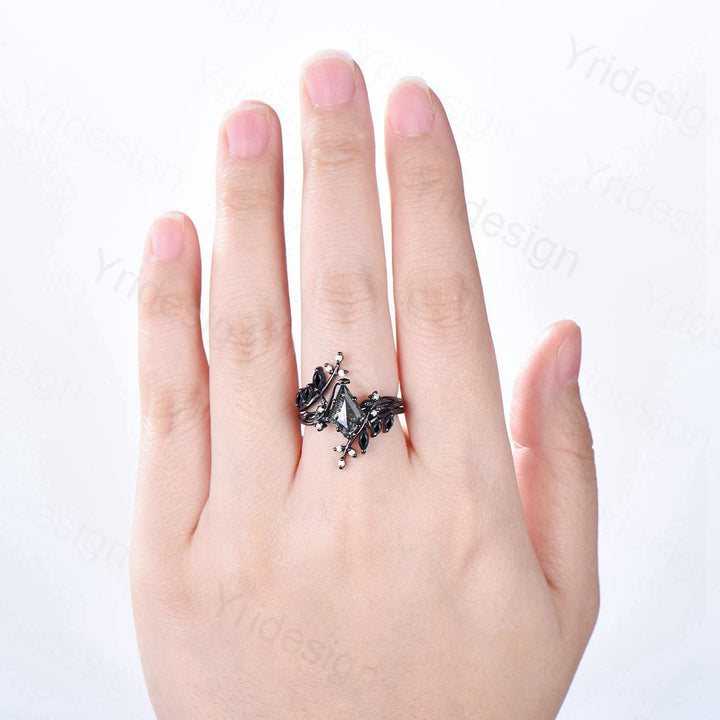 Unique gothic kite cut salt and pepper diamond engagement ring set black gold cluster engagement ring leaf nature inspired onyx wedding set - PENFINE