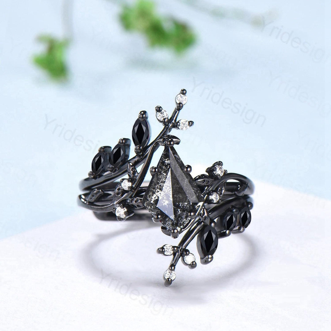 Unique gothic kite cut salt and pepper diamond engagement ring set black gold cluster engagement ring leaf nature inspired onyx wedding set - PENFINE