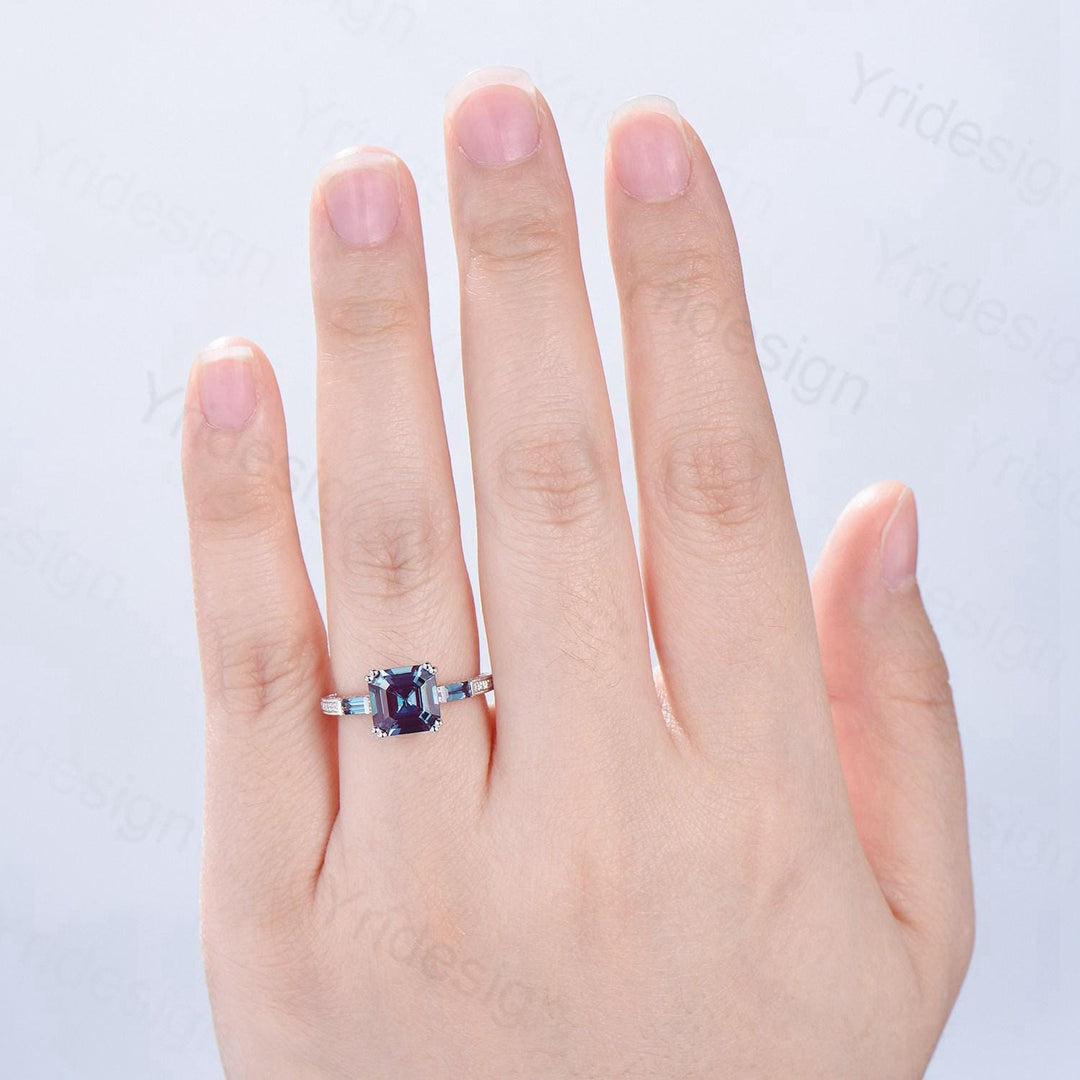 Hidden Halo princess amethyst engagement ring Unique asscher cut purple gemstone ring 3 stone baguette February birthstone anniversary ring - PENFINE