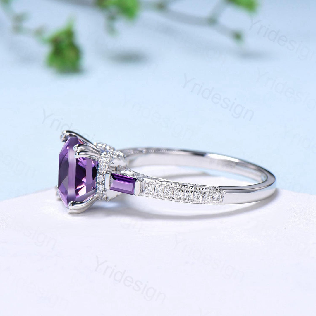 Hidden Halo princess amethyst engagement ring Unique asscher cut purple gemstone ring 3 stone baguette February birthstone anniversary ring - PENFINE