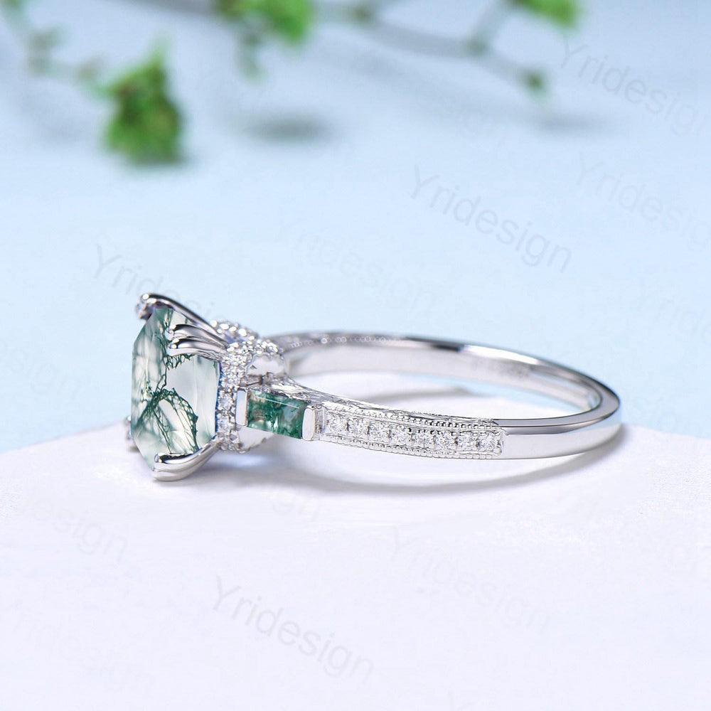 Hidden halo asscher cut moss agate engagement ring Princess green moss agate basket setting wedding ring pave set diamonds anniversary ring - PENFINE