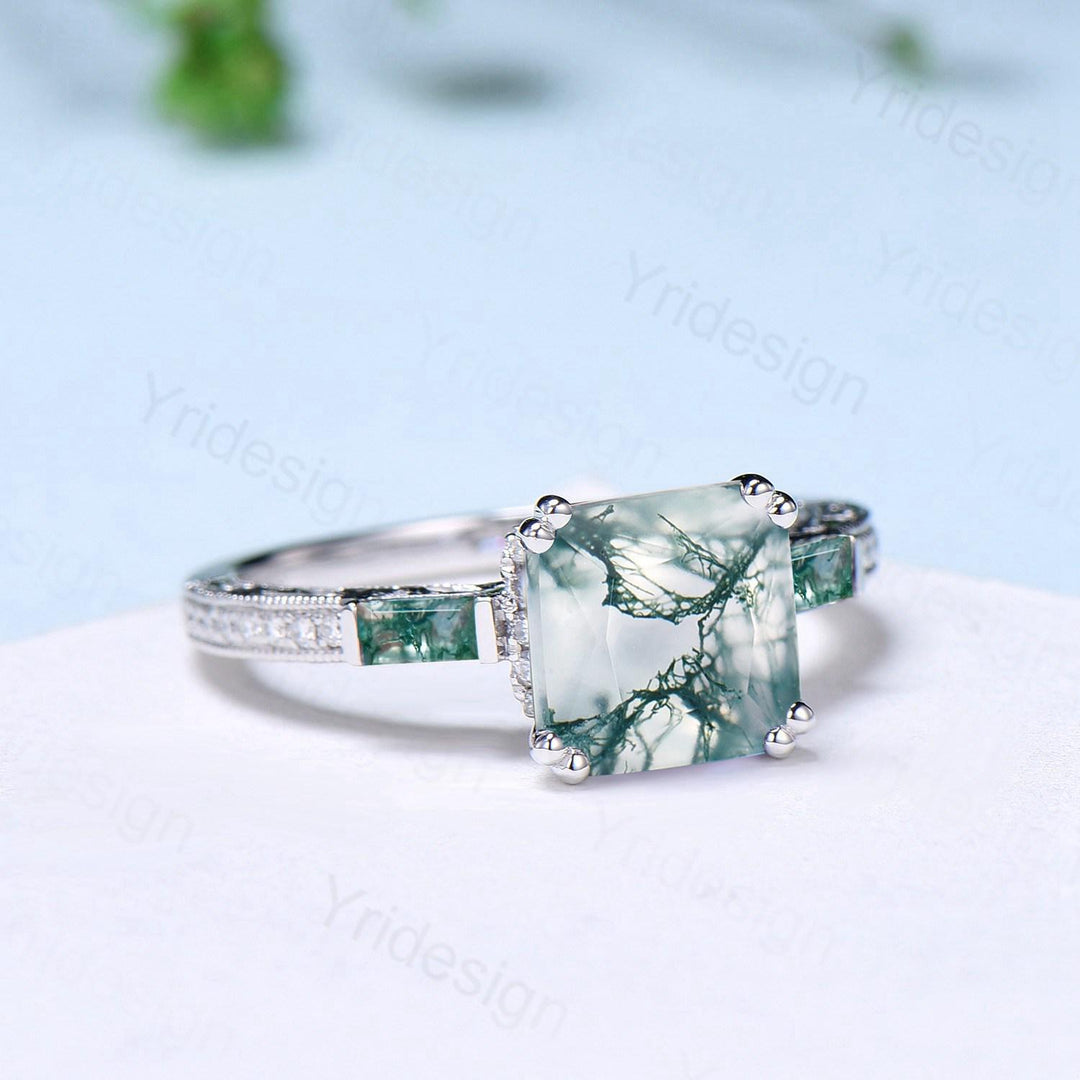 Hidden halo asscher cut moss agate engagement ring Princess green moss agate basket setting wedding ring pave set diamonds anniversary ring - PENFINE