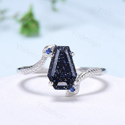 Unique Snake blue sandstone engagement ring cold-blooded coffin shaped galaxy star three stone wedding ring women anniversary promise gift - PENFINE