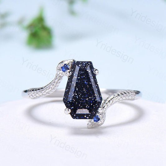 Unique Snake blue sandstone engagement ring cold-blooded coffin shaped galaxy star three stone wedding ring women anniversary promise gift - PENFINE