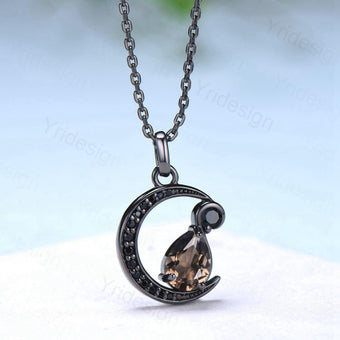 Unique Crescent Moon Black Gold Brown Smoky Quartz Necklace Gothic Pendant Necklace Magic Pear Shaped Black Spinel Necklace Anniversary Gift - PENFINE