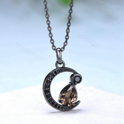 Unique Crescent Moon Black Gold Brown Smoky Quartz Necklace Gothic Pendant Necklace Magic Pear Shaped Black Spinel Necklace Anniversary Gift - PENFINE