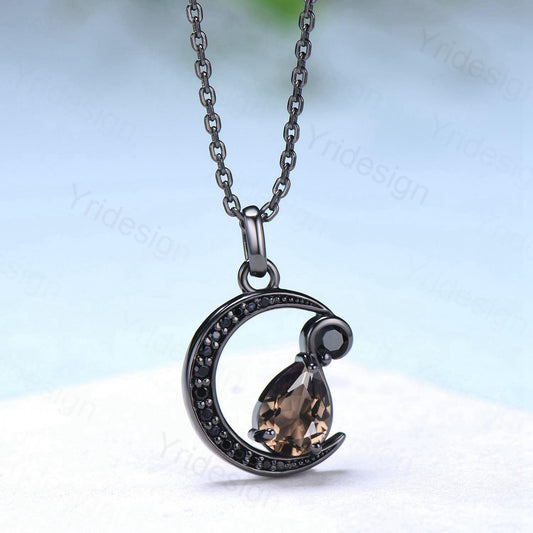 Unique Crescent Moon Black Gold Brown Smoky Quartz Necklace Gothic Pendant Necklace Magic Pear Shaped Black Spinel Necklace Anniversary Gift - PENFINE