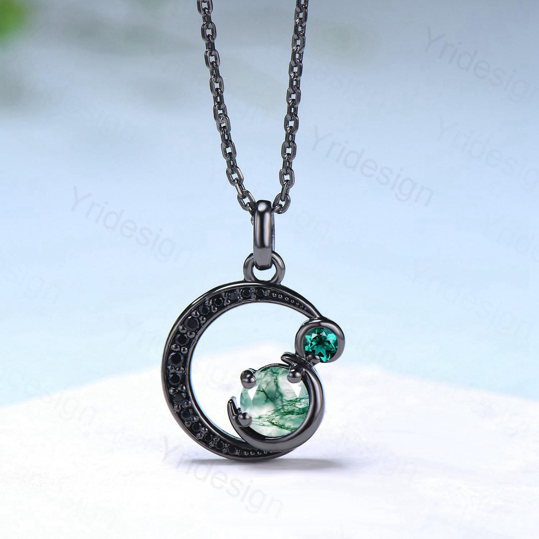 Unique Black Gold Green Moss Agate Necklace Magic Crescent Moon Dainty Agate Pendant Necklace Halloween Gothic Anniversary Gift for Daughter - PENFINE