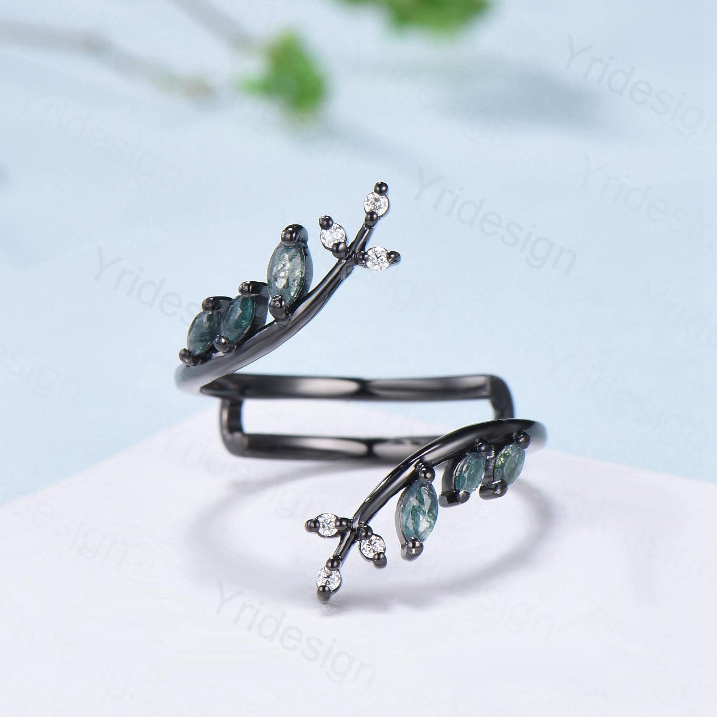 Gothic Black Gold Moss Agate Wedding Bands Women Nature Inspired Marquise Cut Green Agate Unique Double Enhance Matching Stacking Band Women - PENFINE