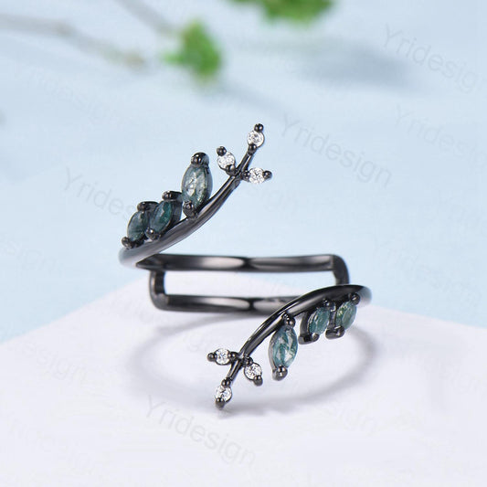 Gothic Black Gold Moss Agate Wedding Bands Women Nature Inspired Marquise Cut Green Agate Unique Double Enhance Matching Stacking Band Women - PENFINE