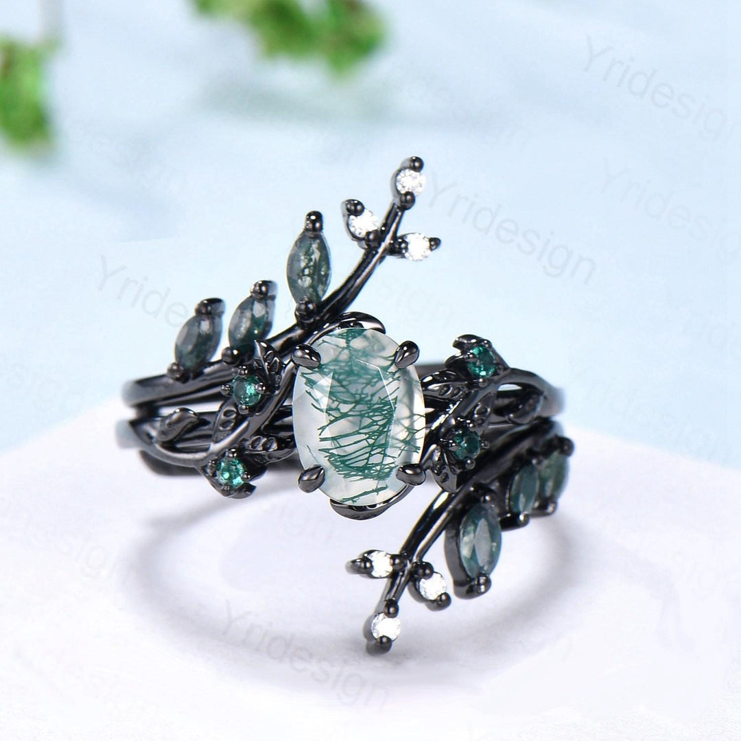 Nature Inspired oval green moss agate ring set black gold unique leaf vine marquise cut gothic agate engagement ring bridal wedding ring set - PENFINE