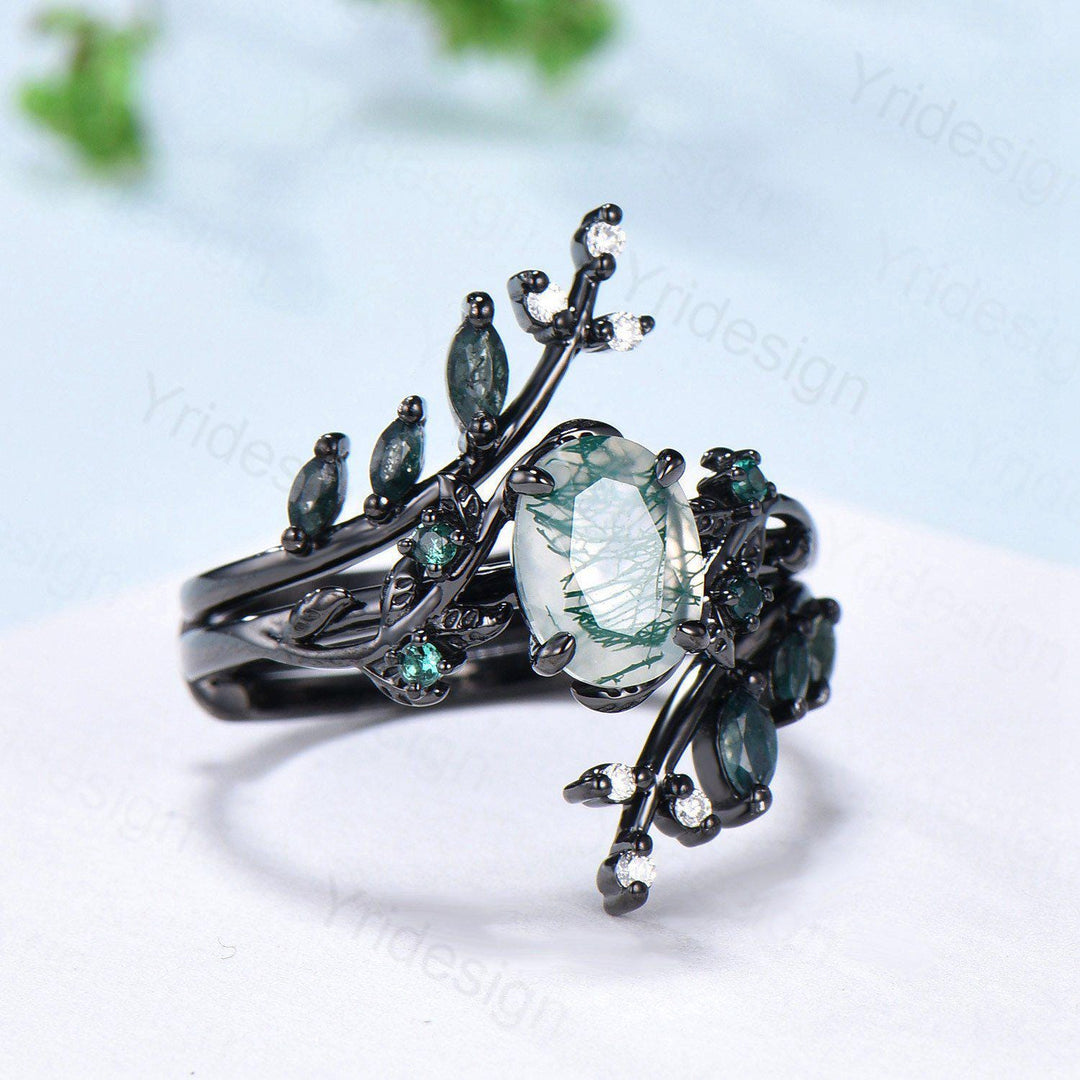 Nature Inspired oval green moss agate ring set black gold unique leaf vine marquise cut gothic agate engagement ring bridal wedding ring set - PENFINE