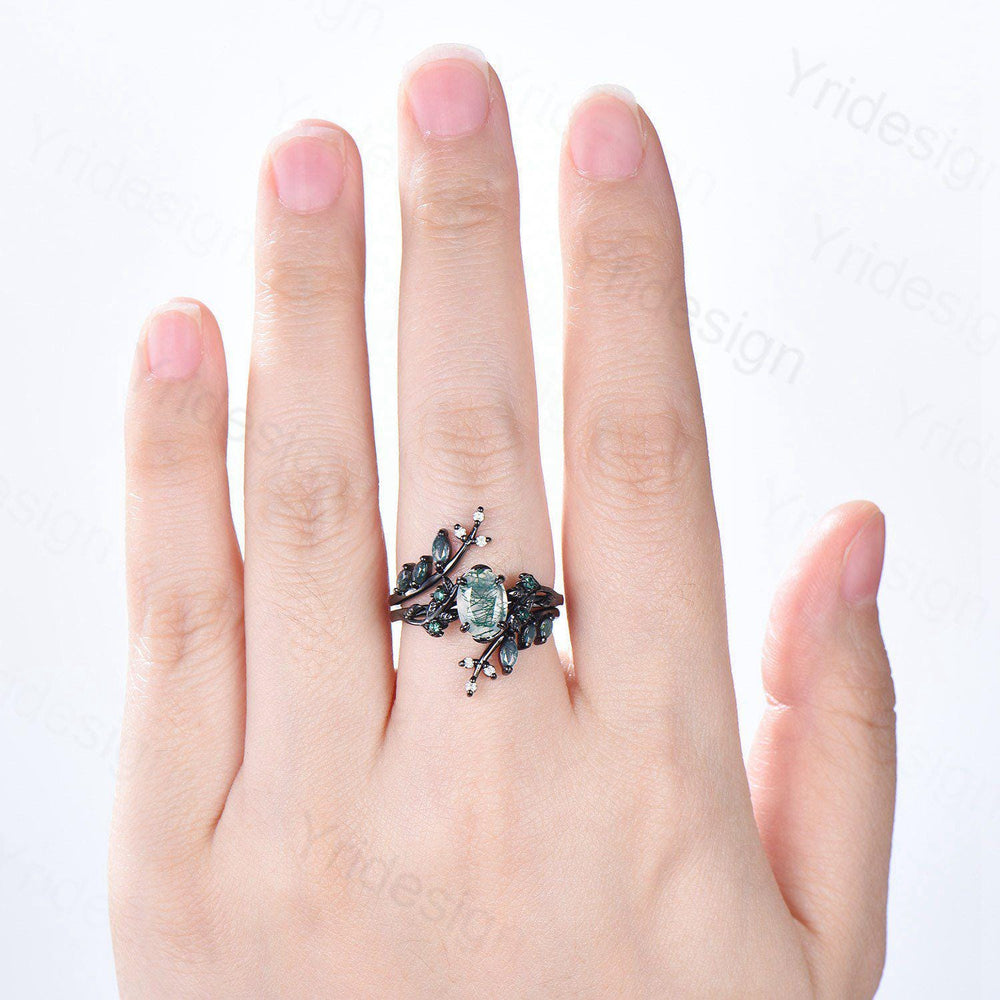 Nature Inspired oval green moss agate ring set black gold unique leaf vine marquise cut gothic agate engagement ring bridal wedding ring set - PENFINE