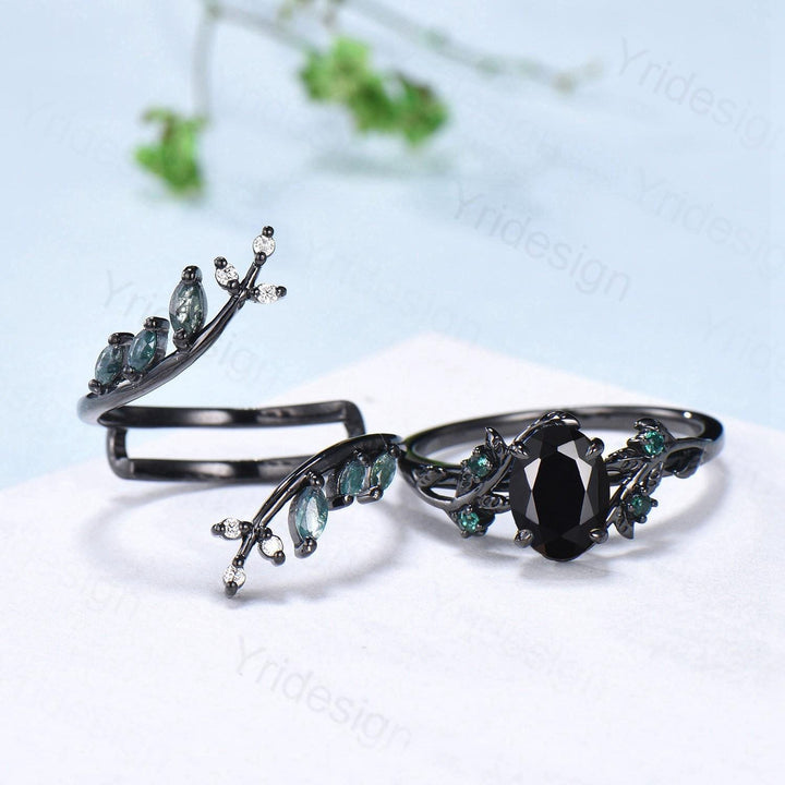 Unique gothic black gold onyx engagement ring set leaf nature inspired emerald wedding ring set twig vine marquise moss agate bridal set - PENFINE