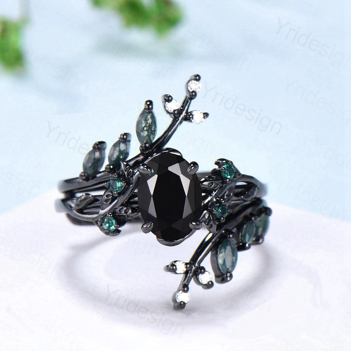 Unique gothic black gold onyx engagement ring set leaf nature inspired emerald wedding ring set twig vine marquise moss agate bridal set - PENFINE