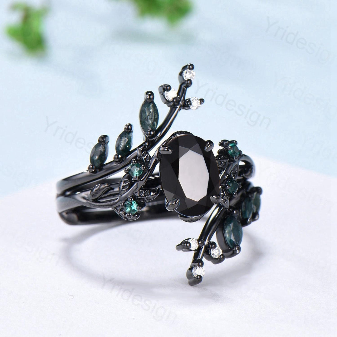 Unique gothic black gold onyx engagement ring set leaf nature inspired emerald wedding ring set twig vine marquise moss agate bridal set - PENFINE