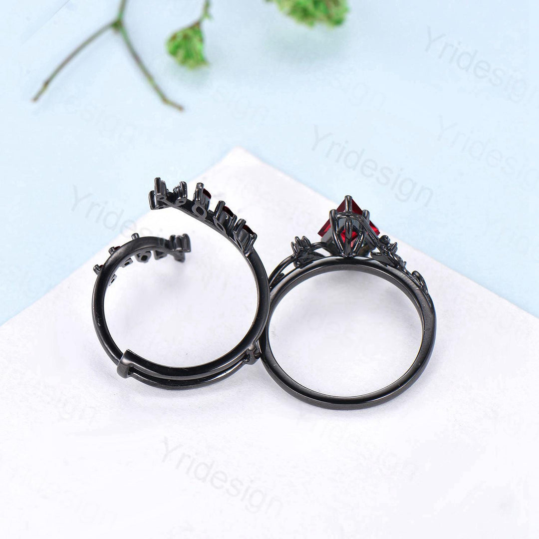 Unique gothic kite cut ruby engagement ring set black gold cluster engagement ring leaf branch nature inspired marquise ruby wedding set - PENFINE