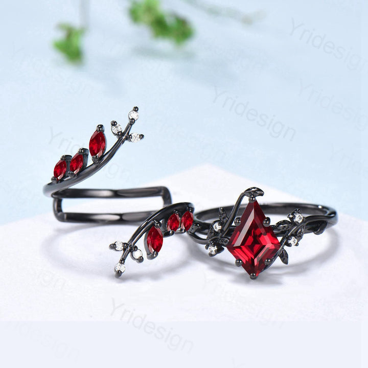 Unique gothic kite cut ruby engagement ring set black gold cluster engagement ring leaf branch nature inspired marquise ruby wedding set - PENFINE