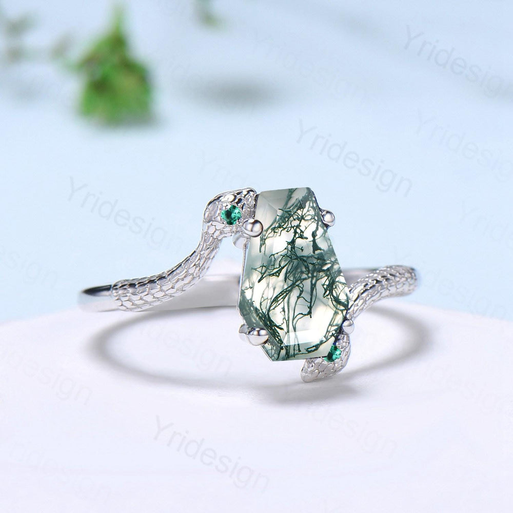 Unique Snake green moss agate engagement ring cold-blooded coffin shaped green stone three stone wedding ring women anniversary promise gift - PENFINE