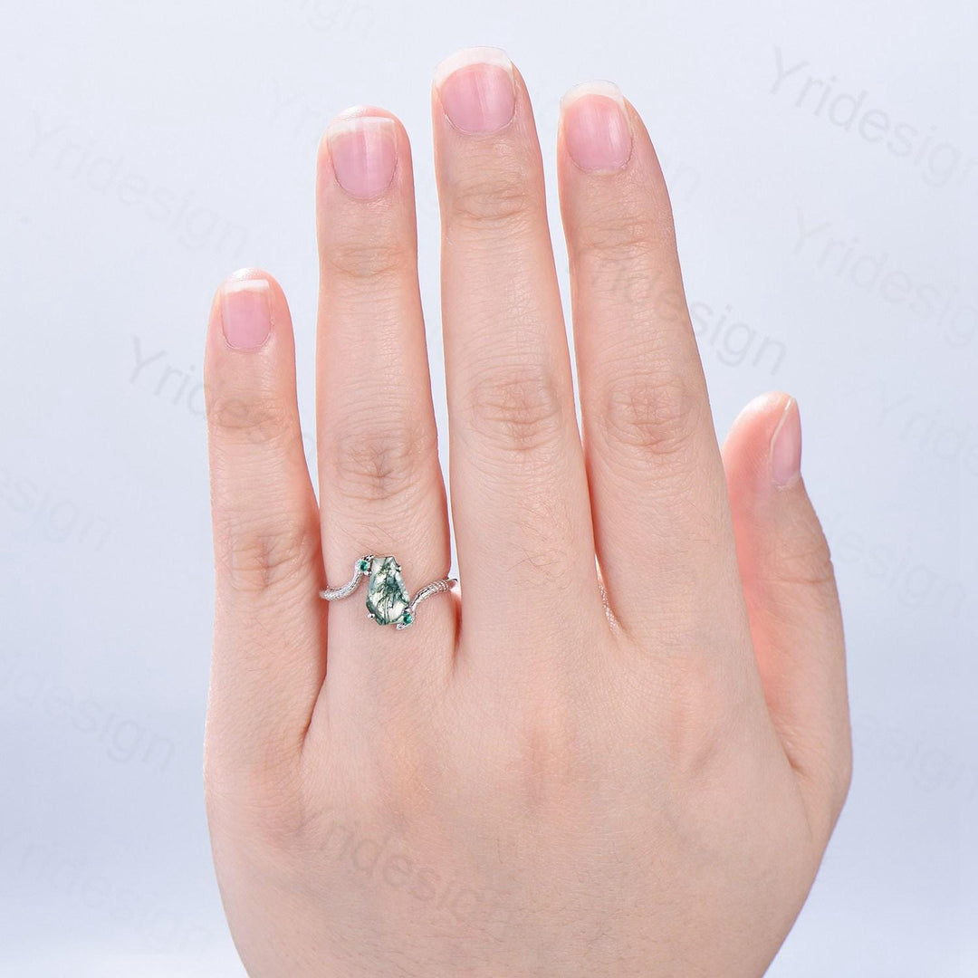 Unique Snake green moss agate engagement ring cold-blooded coffin shaped green stone three stone wedding ring women anniversary promise gift - PENFINE