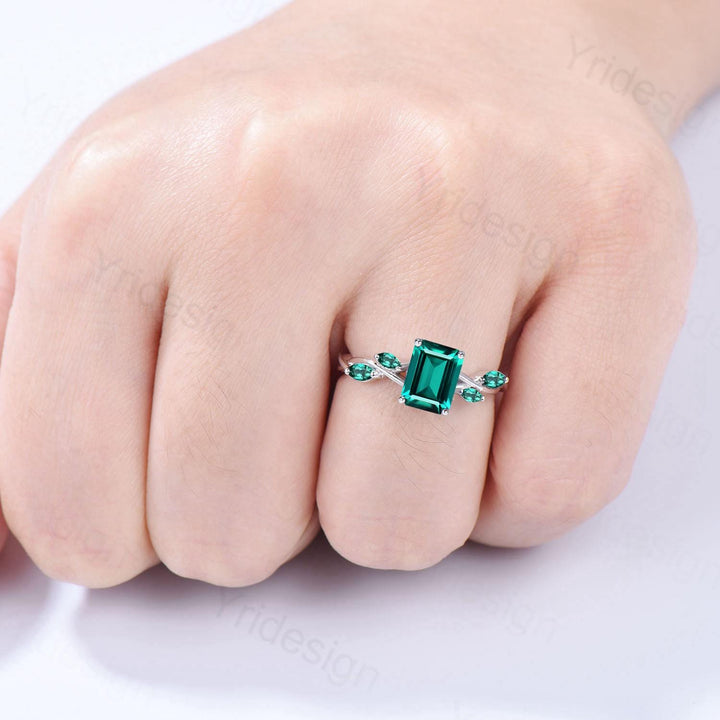 Unique Emerald Cut Emerald Engagement Ring Five Stone Marquise Emerald Eternity Wedding Ring For Women Split Shank Promise Ring Gift Women - PENFINE