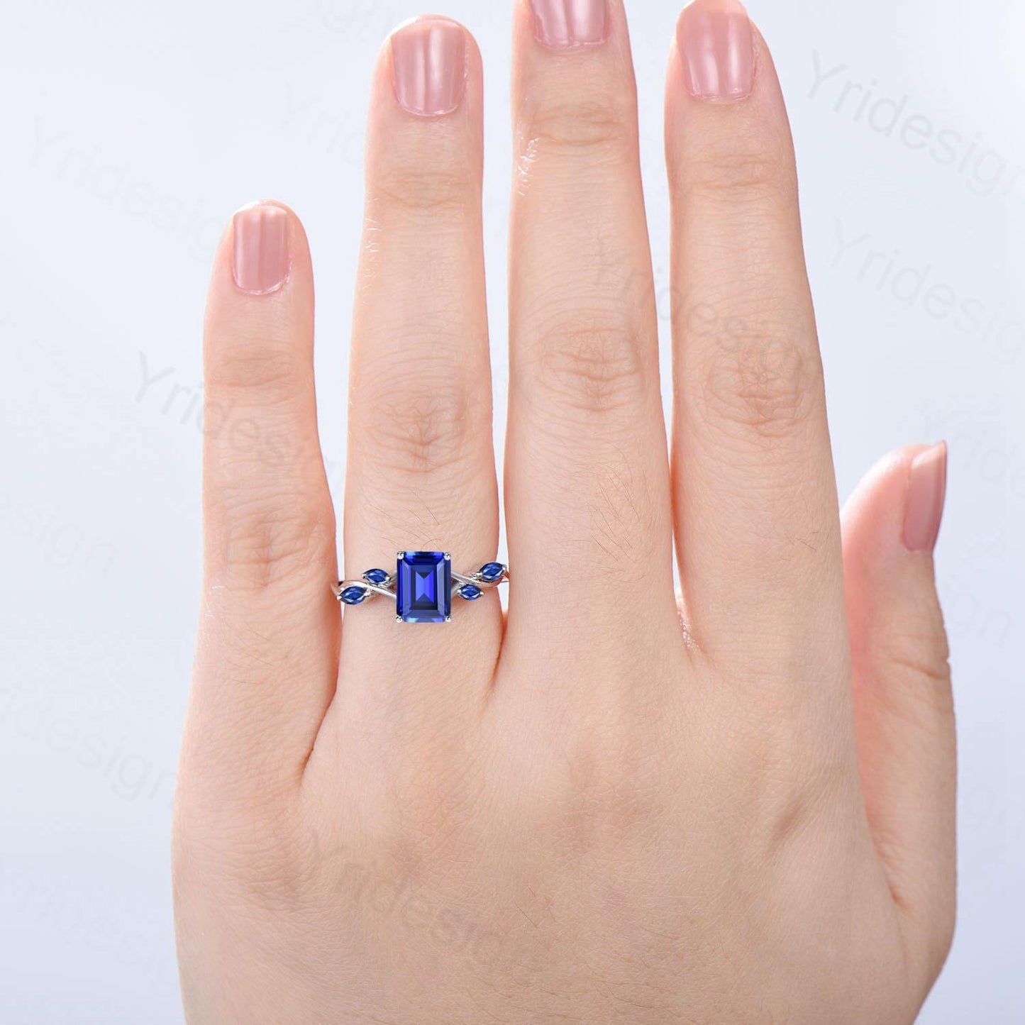 Five stone blue sapphire engagement ring emerald cut twig vine September birthstone engagement ring marquise sapphire anniversary gift women - PENFINE
