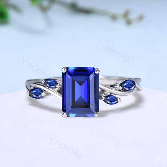 Five stone blue sapphire engagement ring emerald cut twig vine September birthstone engagement ring marquise sapphire anniversary gift women - PENFINE